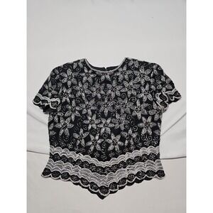 Papell Boutique Womens Black Vtg Evening Top Embroided Beaded Silk Vintage Sz Sp
